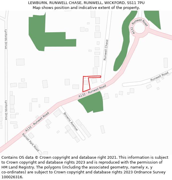 LEWBURN, RUNWELL CHASE, RUNWELL, WICKFORD, SS11 7PU: Location map and indicative extent of plot