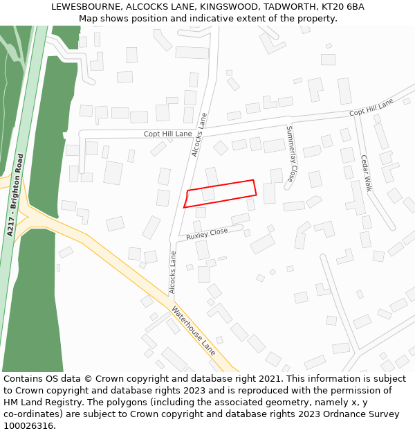 LEWESBOURNE, ALCOCKS LANE, KINGSWOOD, TADWORTH, KT20 6BA: Location map and indicative extent of plot