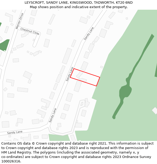 LEYSCROFT, SANDY LANE, KINGSWOOD, TADWORTH, KT20 6ND: Location map and indicative extent of plot
