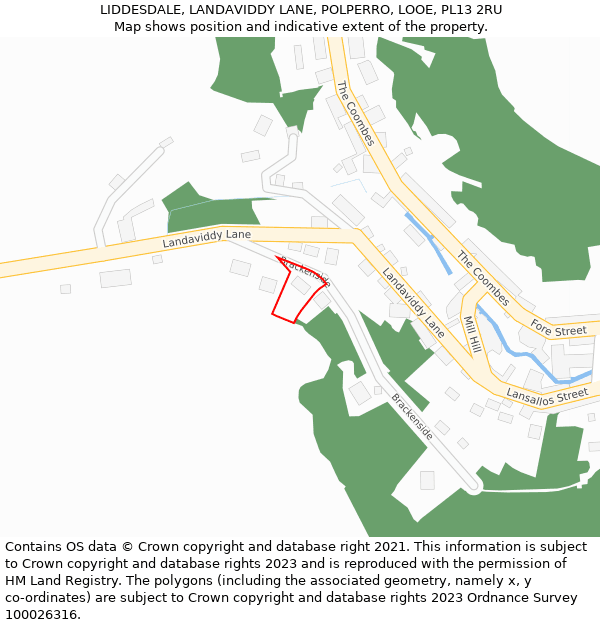 LIDDESDALE, LANDAVIDDY LANE, POLPERRO, LOOE, PL13 2RU: Location map and indicative extent of plot