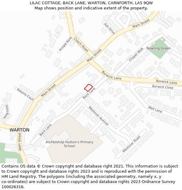 LILAC COTTAGE, BACK LANE, WARTON, CARNFORTH, LA5 9QW: Location map and indicative extent of plot