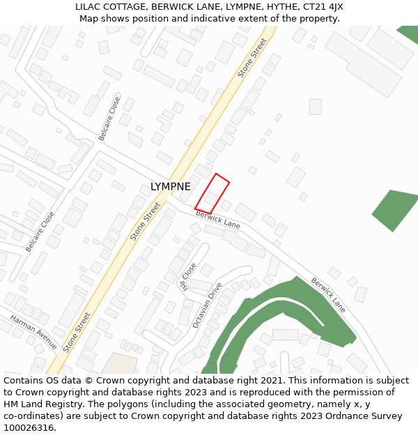 LILAC COTTAGE, BERWICK LANE, LYMPNE, HYTHE, CT21 4JX: Location map and indicative extent of plot