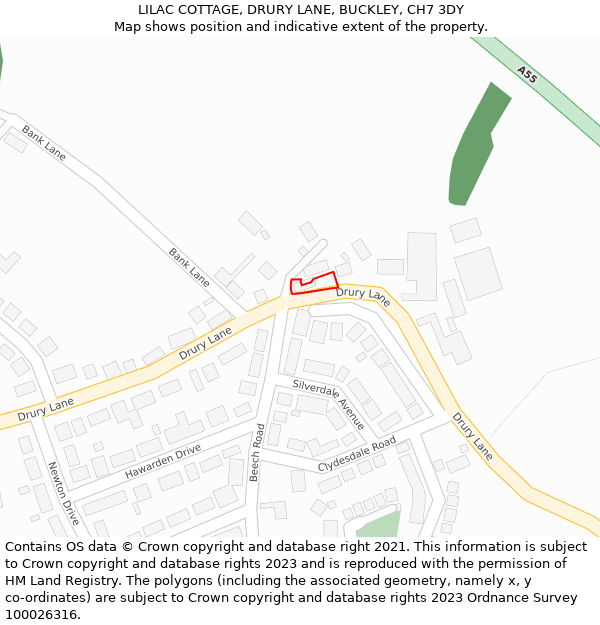 LILAC COTTAGE, DRURY LANE, BUCKLEY, CH7 3DY: Location map and indicative extent of plot