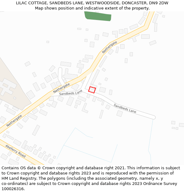 LILAC COTTAGE, SANDBEDS LANE, WESTWOODSIDE, DONCASTER, DN9 2DW: Location map and indicative extent of plot