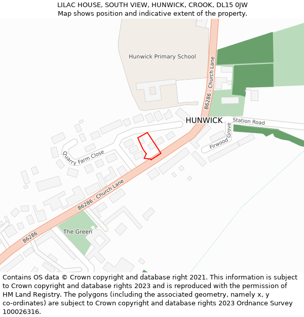 LILAC HOUSE, SOUTH VIEW, HUNWICK, CROOK, DL15 0JW: Location map and indicative extent of plot