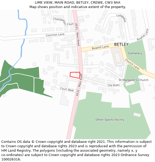 LIME VIEW, MAIN ROAD, BETLEY, CREWE, CW3 9AA: Location map and indicative extent of plot