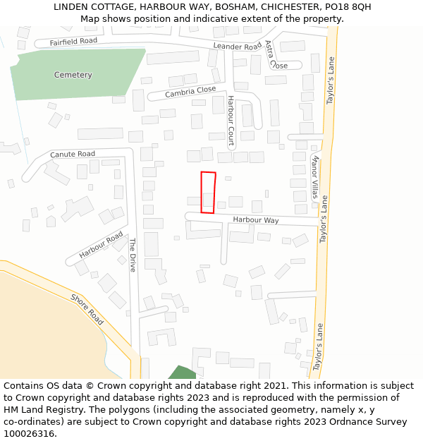 LINDEN COTTAGE, HARBOUR WAY, BOSHAM, CHICHESTER, PO18 8QH: Location map and indicative extent of plot