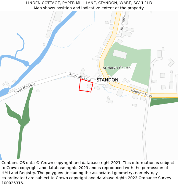 LINDEN COTTAGE, PAPER MILL LANE, STANDON, WARE, SG11 1LD: Location map and indicative extent of plot