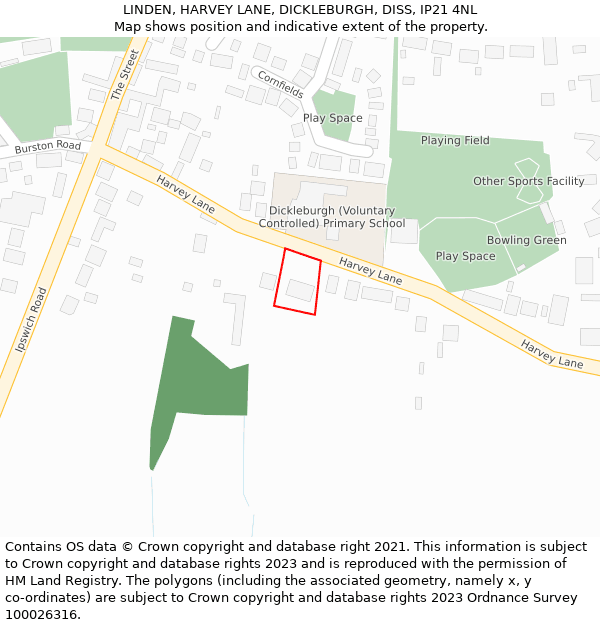 LINDEN, HARVEY LANE, DICKLEBURGH, DISS, IP21 4NL: Location map and indicative extent of plot