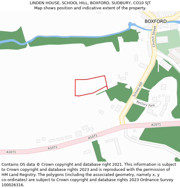 LINDEN HOUSE, SCHOOL HILL, BOXFORD, SUDBURY, CO10 5JT: Location map and indicative extent of plot