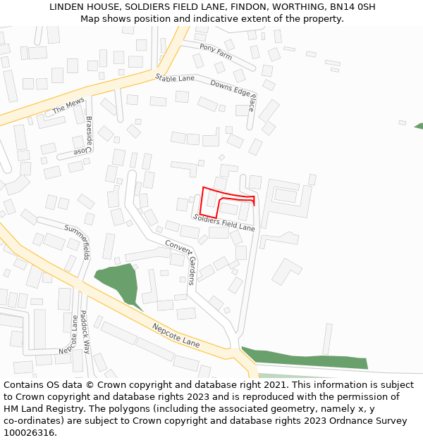 LINDEN HOUSE, SOLDIERS FIELD LANE, FINDON, WORTHING, BN14 0SH: Location map and indicative extent of plot