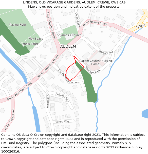 LINDENS, OLD VICARAGE GARDENS, AUDLEM, CREWE, CW3 0AS: Location map and indicative extent of plot