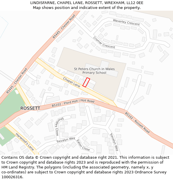 LINDISFARNE, CHAPEL LANE, ROSSETT, WREXHAM, LL12 0EE: Location map and indicative extent of plot