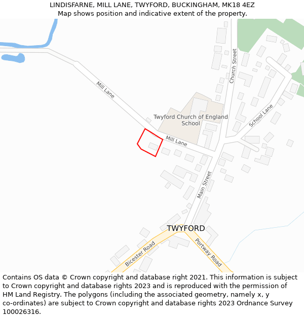 LINDISFARNE, MILL LANE, TWYFORD, BUCKINGHAM, MK18 4EZ: Location map and indicative extent of plot
