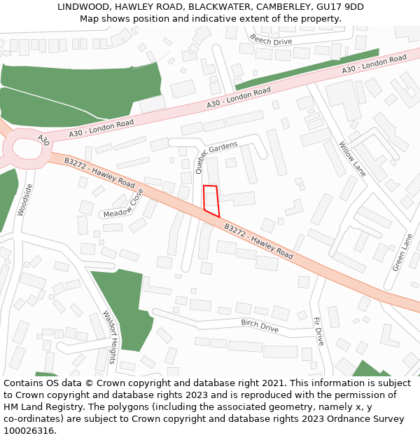 LINDWOOD, HAWLEY ROAD, BLACKWATER, CAMBERLEY, GU17 9DD: Location map and indicative extent of plot