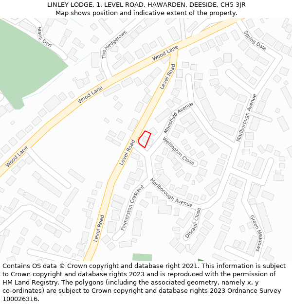 LINLEY LODGE, 1, LEVEL ROAD, HAWARDEN, DEESIDE, CH5 3JR: Location map and indicative extent of plot