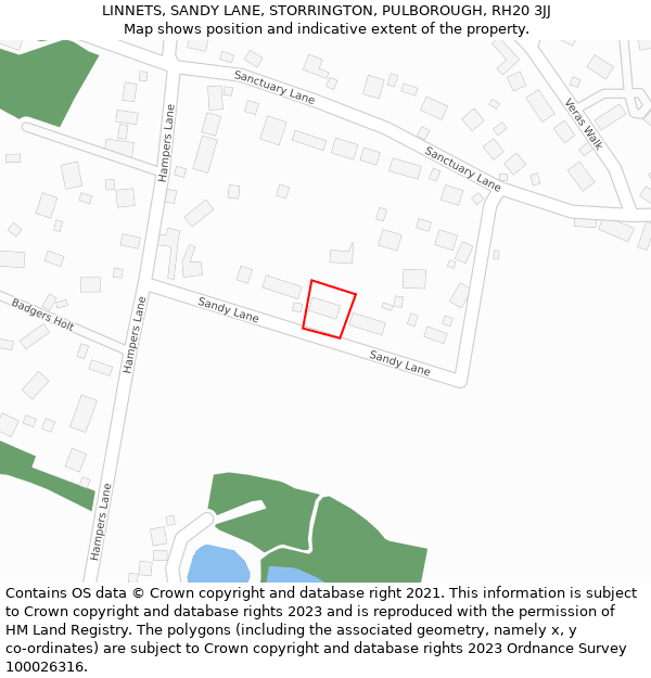 LINNETS, SANDY LANE, STORRINGTON, PULBOROUGH, RH20 3JJ: Location map and indicative extent of plot