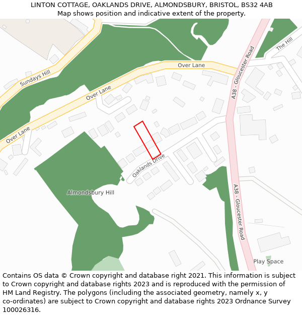 LINTON COTTAGE, OAKLANDS DRIVE, ALMONDSBURY, BRISTOL, BS32 4AB: Location map and indicative extent of plot
