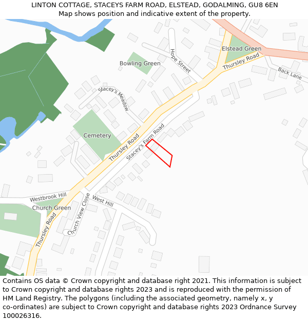 LINTON COTTAGE, STACEYS FARM ROAD, ELSTEAD, GODALMING, GU8 6EN: Location map and indicative extent of plot