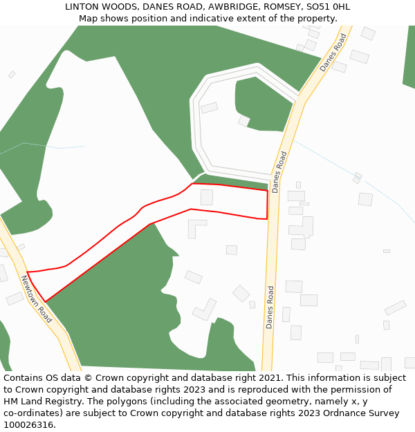 LINTON WOODS, DANES ROAD, AWBRIDGE, ROMSEY, SO51 0HL: Location map and indicative extent of plot