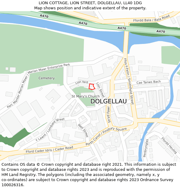 LION COTTAGE, LION STREET, DOLGELLAU, LL40 1DG: Location map and indicative extent of plot