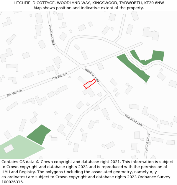 LITCHFIELD COTTAGE, WOODLAND WAY, KINGSWOOD, TADWORTH, KT20 6NW: Location map and indicative extent of plot