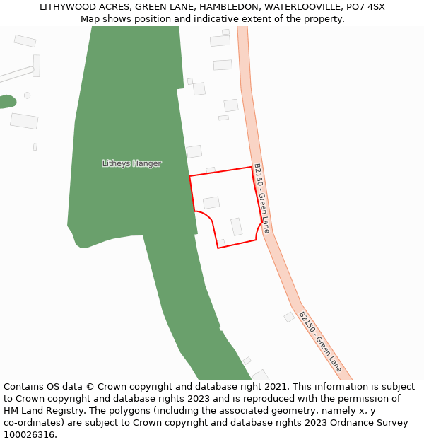 LITHYWOOD ACRES, GREEN LANE, HAMBLEDON, WATERLOOVILLE, PO7 4SX: Location map and indicative extent of plot