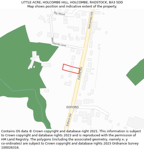 LITTLE ACRE, HOLCOMBE HILL, HOLCOMBE, RADSTOCK, BA3 5DD: Location map and indicative extent of plot