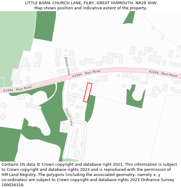 LITTLE BARN, CHURCH LANE, FILBY, GREAT YARMOUTH, NR29 3HW: Location map and indicative extent of plot