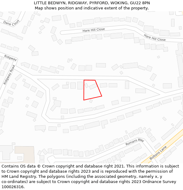 LITTLE BEDWYN, RIDGWAY, PYRFORD, WOKING, GU22 8PN: Location map and indicative extent of plot