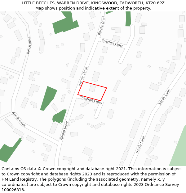LITTLE BEECHES, WARREN DRIVE, KINGSWOOD, TADWORTH, KT20 6PZ: Location map and indicative extent of plot