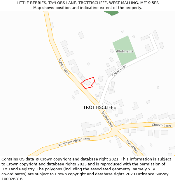 LITTLE BERRIES, TAYLORS LANE, TROTTISCLIFFE, WEST MALLING, ME19 5ES: Location map and indicative extent of plot