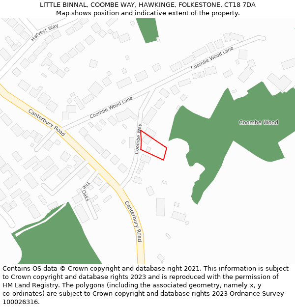 LITTLE BINNAL, COOMBE WAY, HAWKINGE, FOLKESTONE, CT18 7DA: Location map and indicative extent of plot