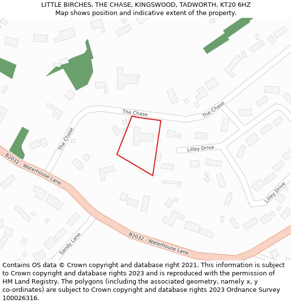 LITTLE BIRCHES, THE CHASE, KINGSWOOD, TADWORTH, KT20 6HZ: Location map and indicative extent of plot