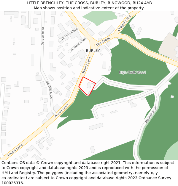 LITTLE BRENCHLEY, THE CROSS, BURLEY, RINGWOOD, BH24 4AB: Location map and indicative extent of plot