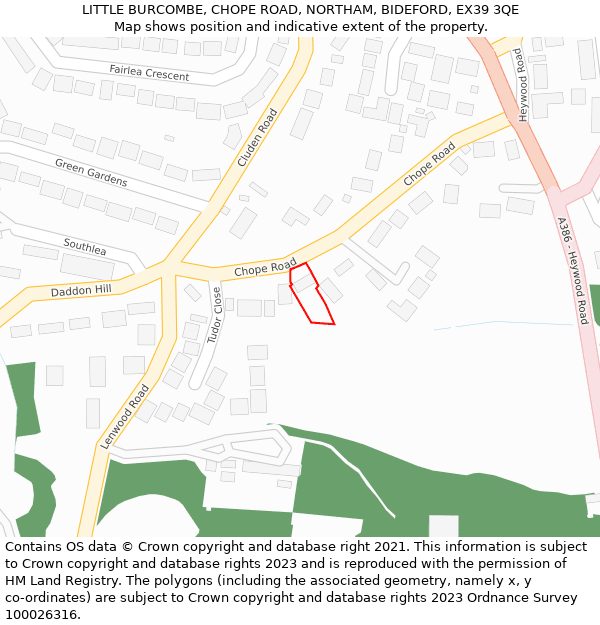 LITTLE BURCOMBE, CHOPE ROAD, NORTHAM, BIDEFORD, EX39 3QE: Location map and indicative extent of plot