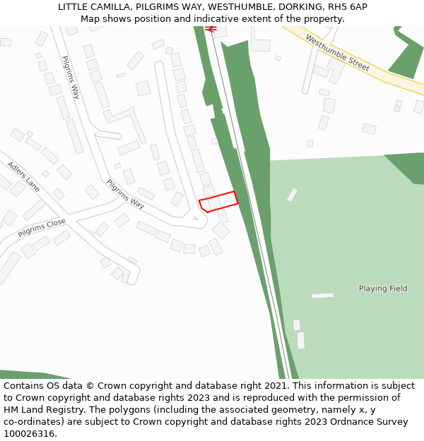 LITTLE CAMILLA, PILGRIMS WAY, WESTHUMBLE, DORKING, RH5 6AP: Location map and indicative extent of plot