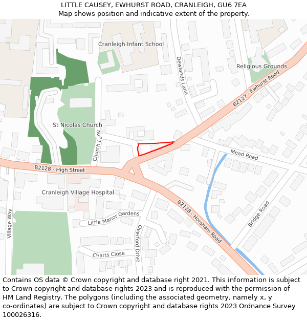 LITTLE CAUSEY, EWHURST ROAD, CRANLEIGH, GU6 7EA: Location map and indicative extent of plot