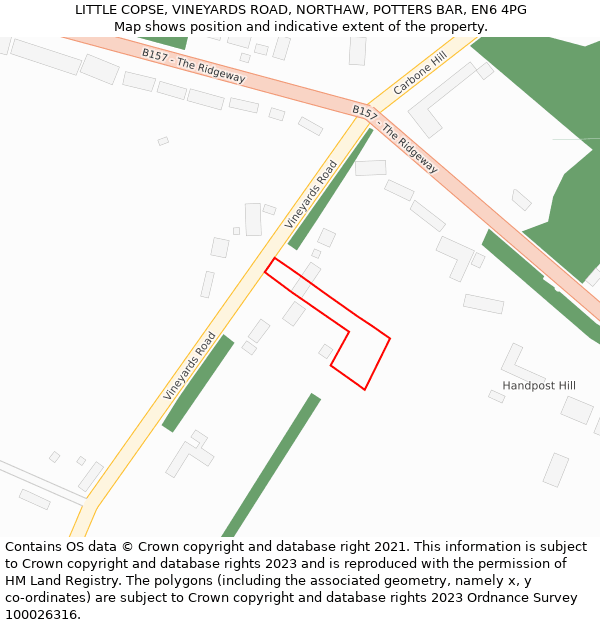 LITTLE COPSE, VINEYARDS ROAD, NORTHAW, POTTERS BAR, EN6 4PG: Location map and indicative extent of plot