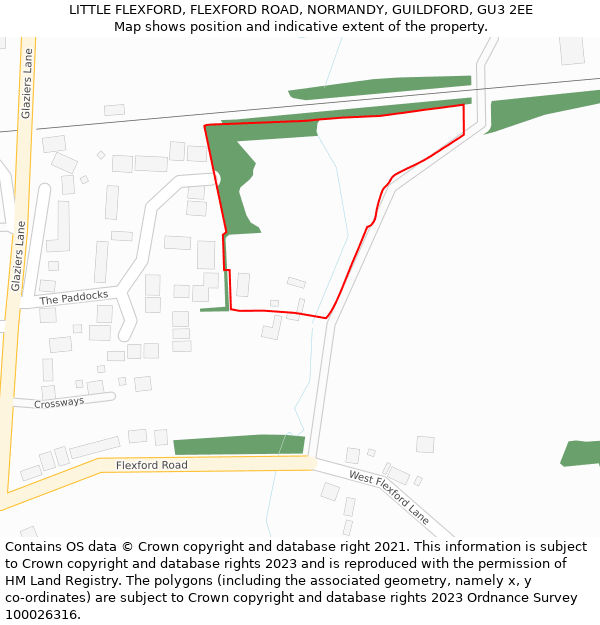 LITTLE FLEXFORD, FLEXFORD ROAD, NORMANDY, GUILDFORD, GU3 2EE: Location map and indicative extent of plot