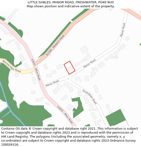 LITTLE GABLES, MANOR ROAD, FRESHWATER, PO40 9UD: Location map and indicative extent of plot