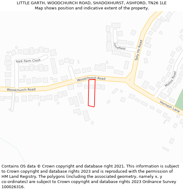 LITTLE GARTH, WOODCHURCH ROAD, SHADOXHURST, ASHFORD, TN26 1LE: Location map and indicative extent of plot