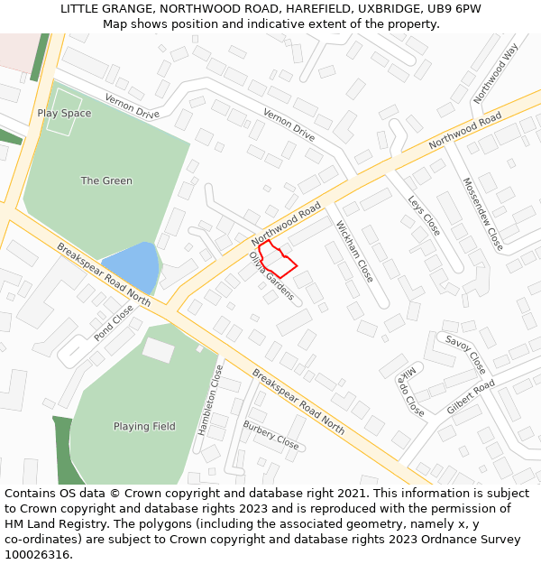 LITTLE GRANGE, NORTHWOOD ROAD, HAREFIELD, UXBRIDGE, UB9 6PW: Location map and indicative extent of plot