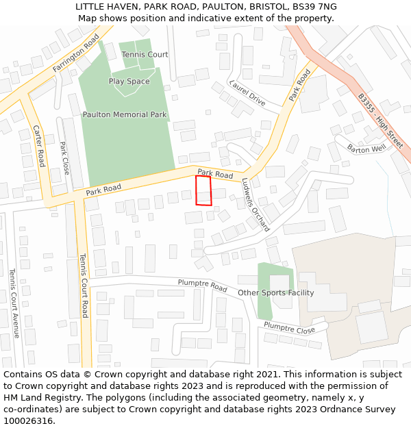 LITTLE HAVEN, PARK ROAD, PAULTON, BRISTOL, BS39 7NG: Location map and indicative extent of plot