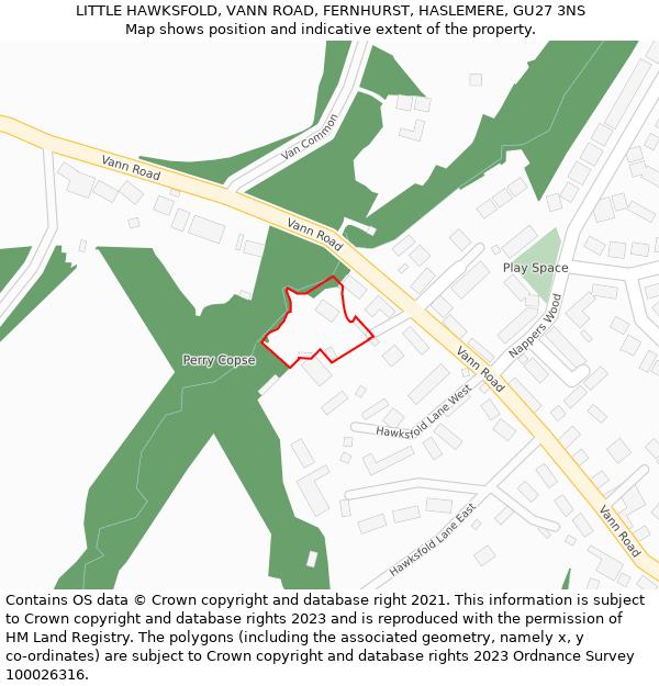 LITTLE HAWKSFOLD, VANN ROAD, FERNHURST, HASLEMERE, GU27 3NS: Location map and indicative extent of plot