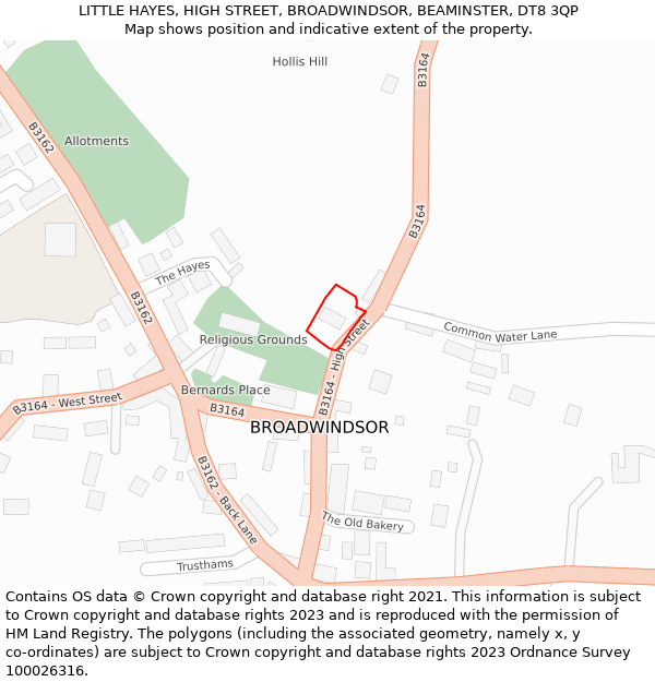 LITTLE HAYES, HIGH STREET, BROADWINDSOR, BEAMINSTER, DT8 3QP: Location map and indicative extent of plot