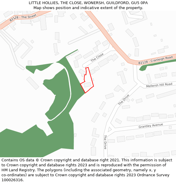 LITTLE HOLLIES, THE CLOSE, WONERSH, GUILDFORD, GU5 0PA: Location map and indicative extent of plot