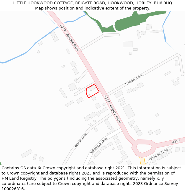 LITTLE HOOKWOOD COTTAGE, REIGATE ROAD, HOOKWOOD, HORLEY, RH6 0HQ: Location map and indicative extent of plot