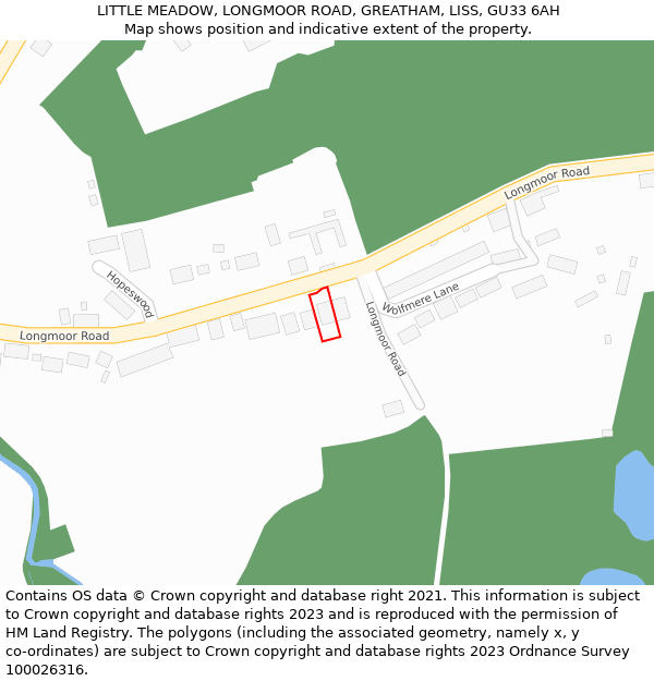 LITTLE MEADOW, LONGMOOR ROAD, GREATHAM, LISS, GU33 6AH: Location map and indicative extent of plot