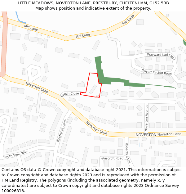 LITTLE MEADOWS, NOVERTON LANE, PRESTBURY, CHELTENHAM, GL52 5BB: Location map and indicative extent of plot